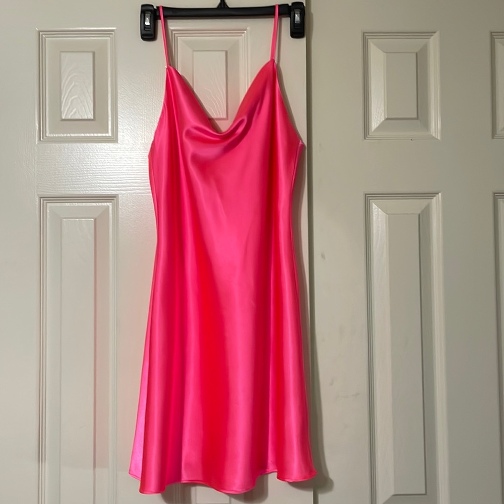 Hemline hot pink satin dress L